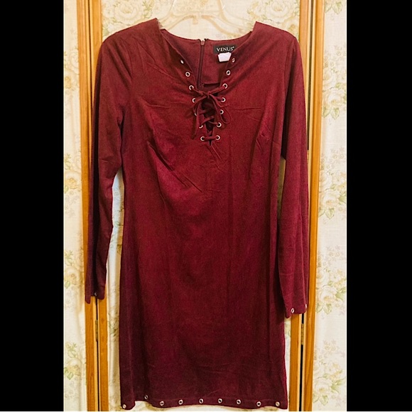 Venus Burgundy Red Suede Velvet Lace Up Dress - Picture 1 of 4